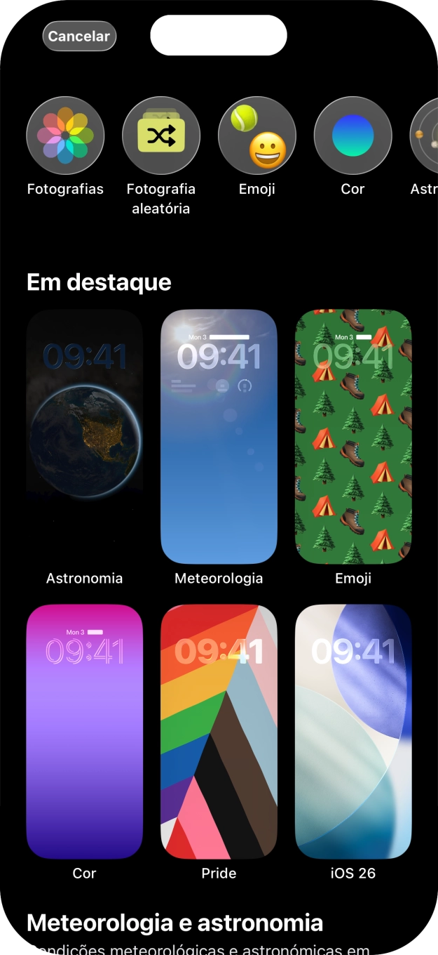 Prima a categoria pretendida e siga as indicações no ecrã para escolher a imagem de fundo pretendida.