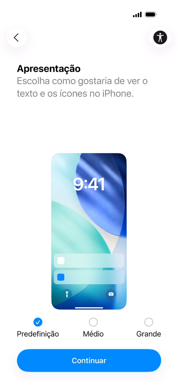 Escolha o tamanho pretendido para o texto e ícones no telefone e prima Continuar.