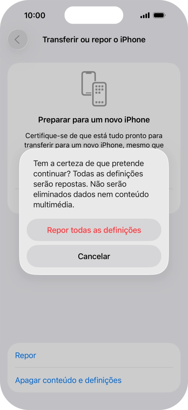 Prima Repor todas as definições. Aguarde um momento enquanto o telefone restabelece as definições originais. Siga as indicações no ecrã para configurar o telefone de modo que este fique pronto a ser utilizado.