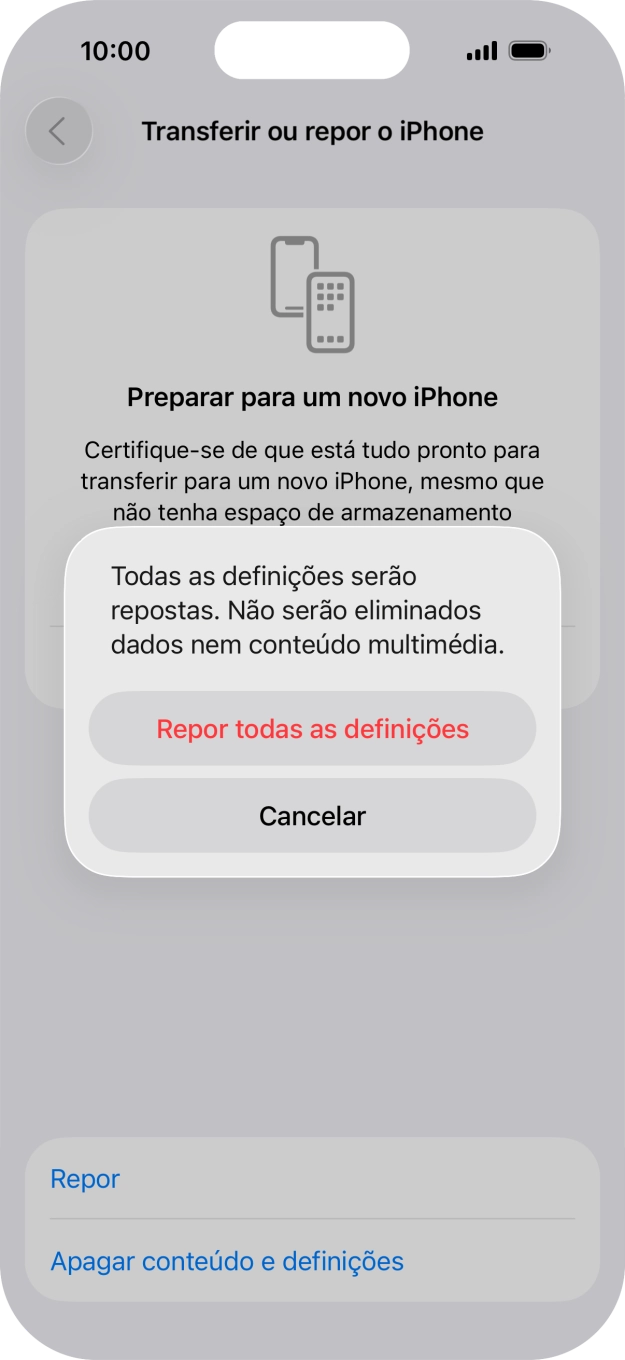 Prima Repor todas as definições.