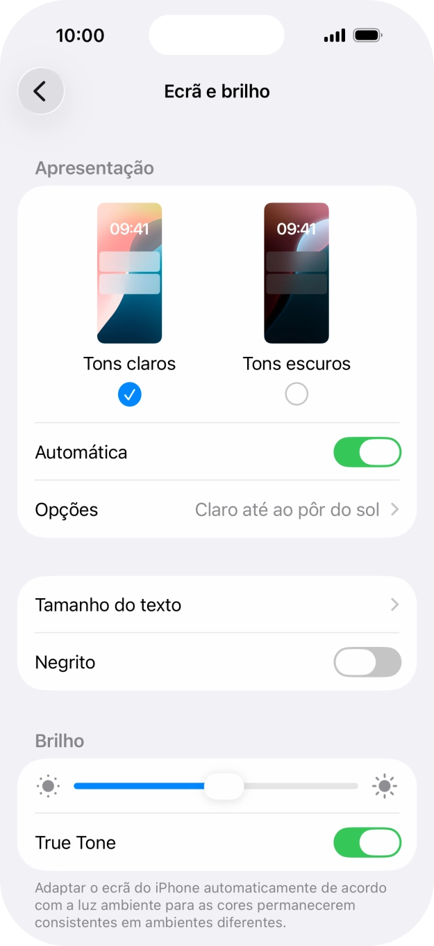 Quando ativar a função, prima Opções e siga as indicações no ecrã para escolher o período pretendido para o Modo Escuro.