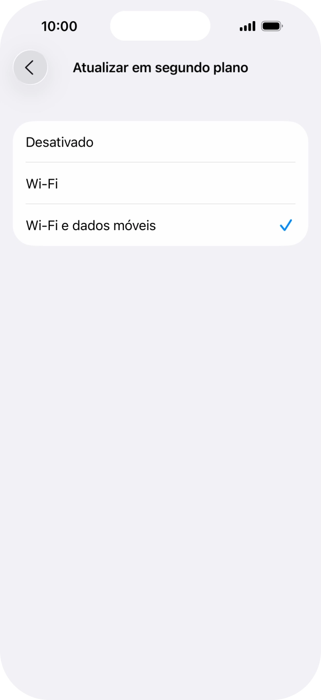 Para desativar a atualização de apps em segundo plano, prima Desativado.