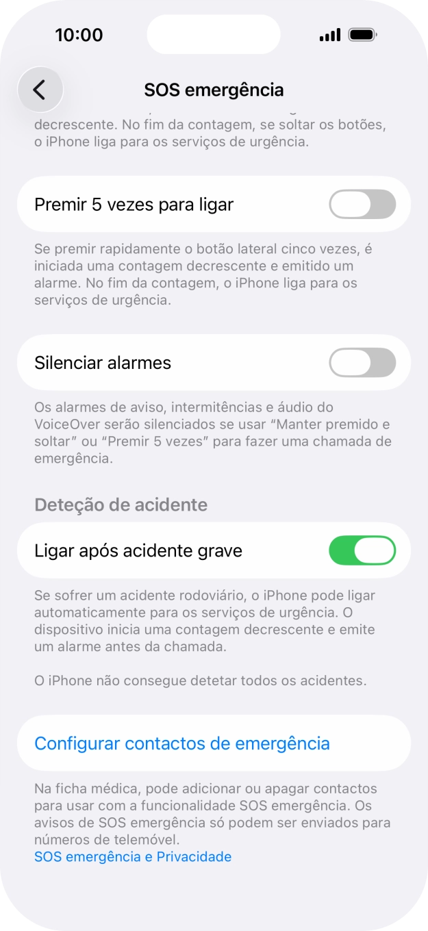 Prima Configurar contactos de emergência e siga as indicações no ecrã para introduzir a sua informação de emergência e os seus contactos de emergência.