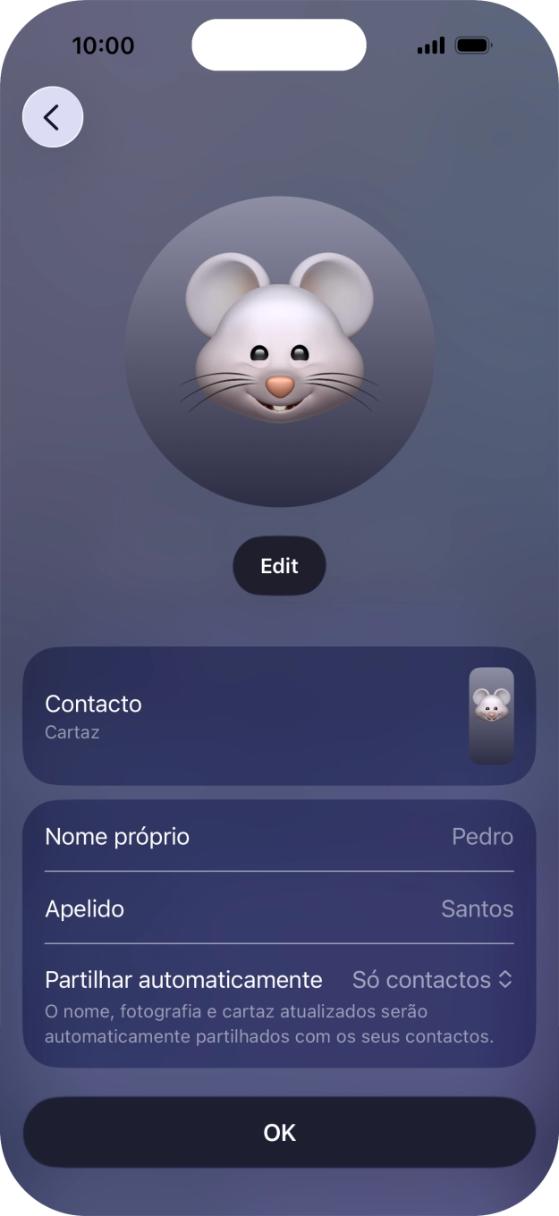 Prima os campos do nome e siga as indicações no ecrã para editar o seu nome no cartaz de contacto.
