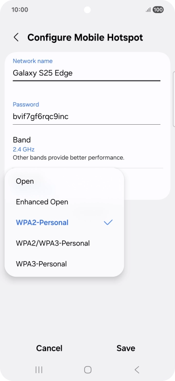 Press WPA3-Personal to password protect your WiFi hotspot.