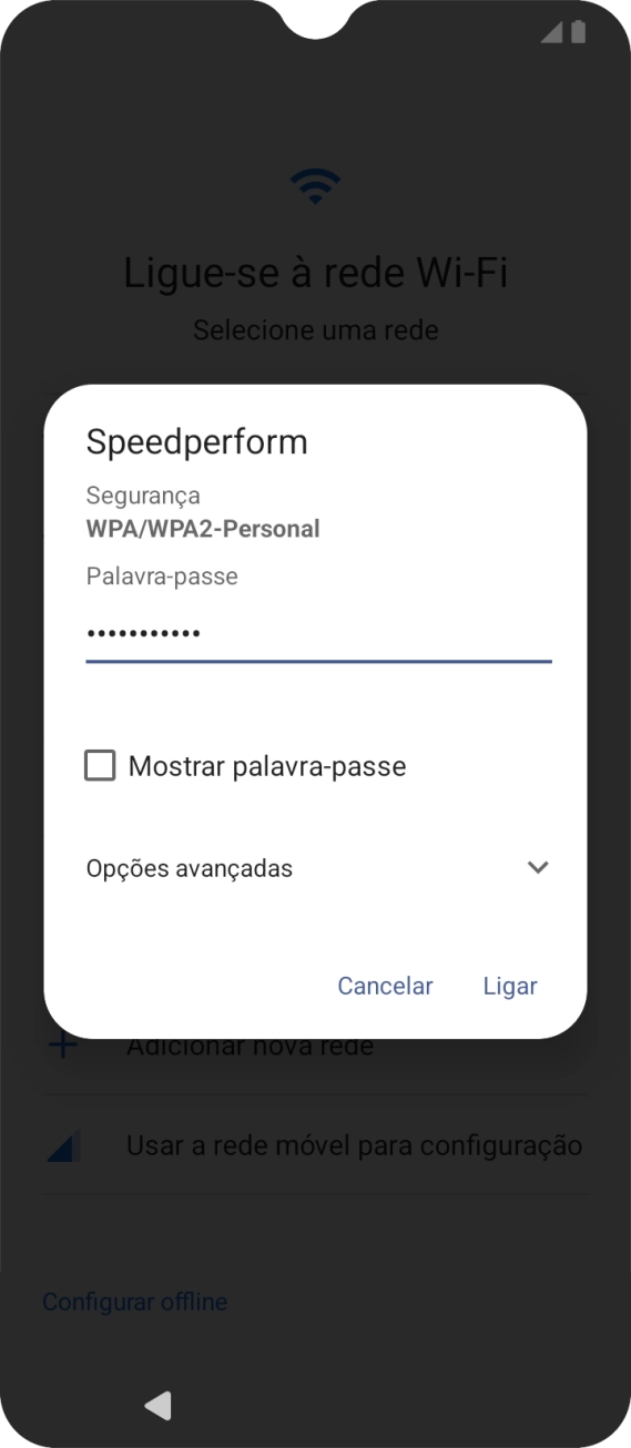 Introduza a password da rede Wi-Fi e prima Ligar.