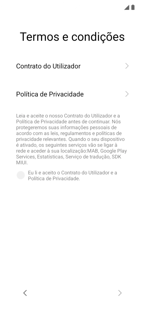 Prima o campo para aceitar os termos e condições.