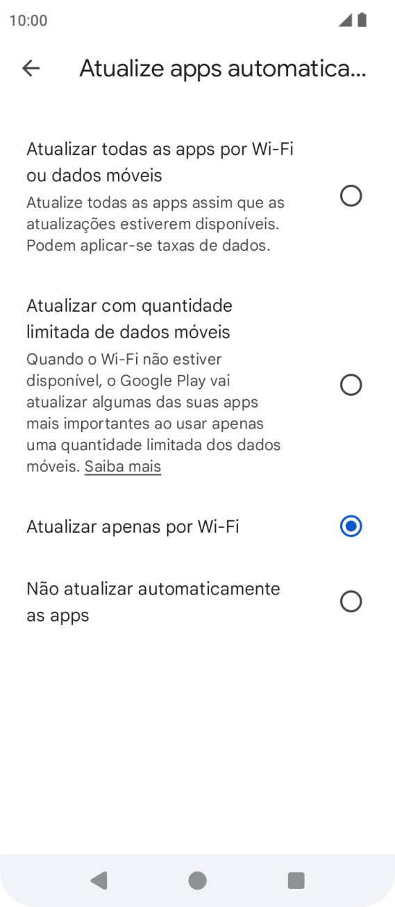 Para ativar a atualização automática de apps via redes móveis, prima Atualizar todas as apps por Wi-Fi ou dados móveis.