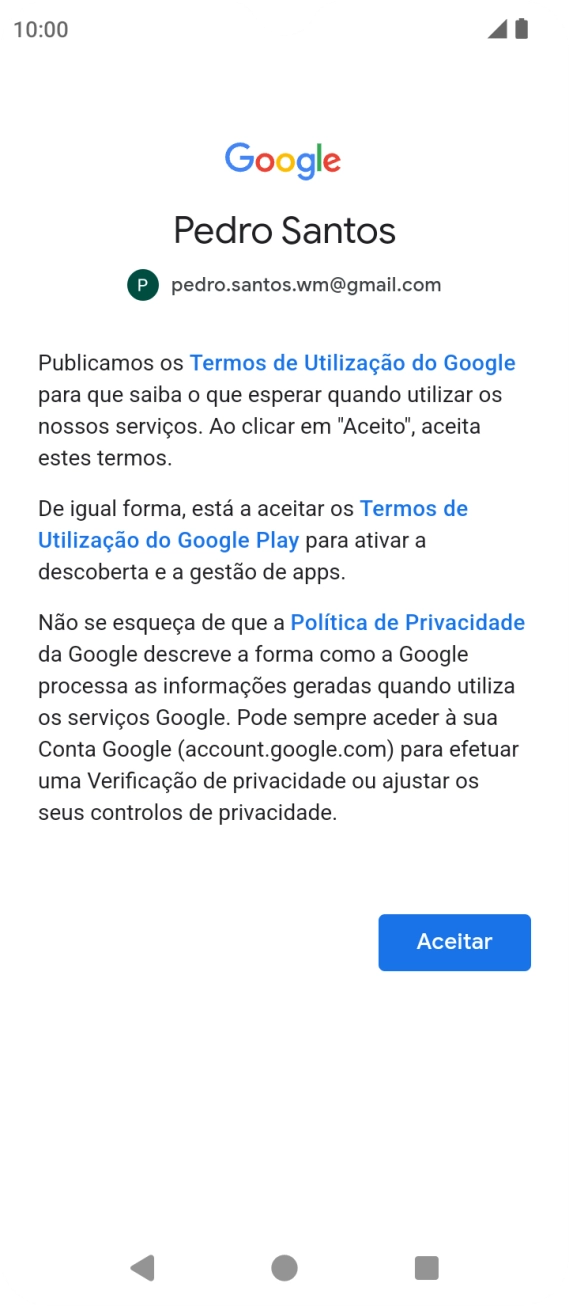 Prima Aceitar e siga as indicações no ecrã para escolher as definições da conta Google.
