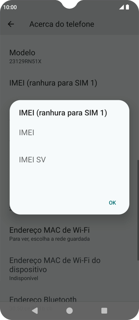 O código IMEI é mostrado no ecrã.