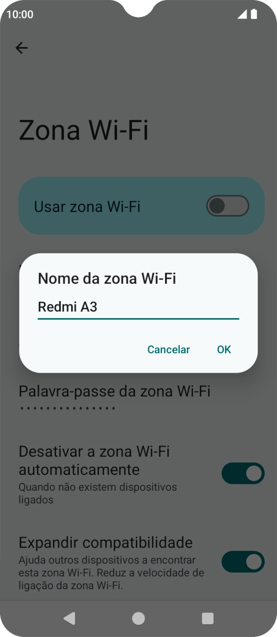 Introduza o nome pretendido do hotspot Wi-Fi e prima OK.