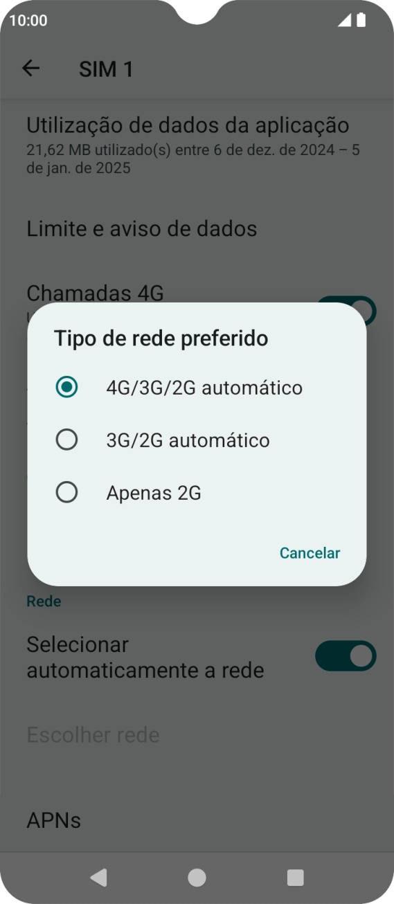 Prima o tipo de rede pretendido.