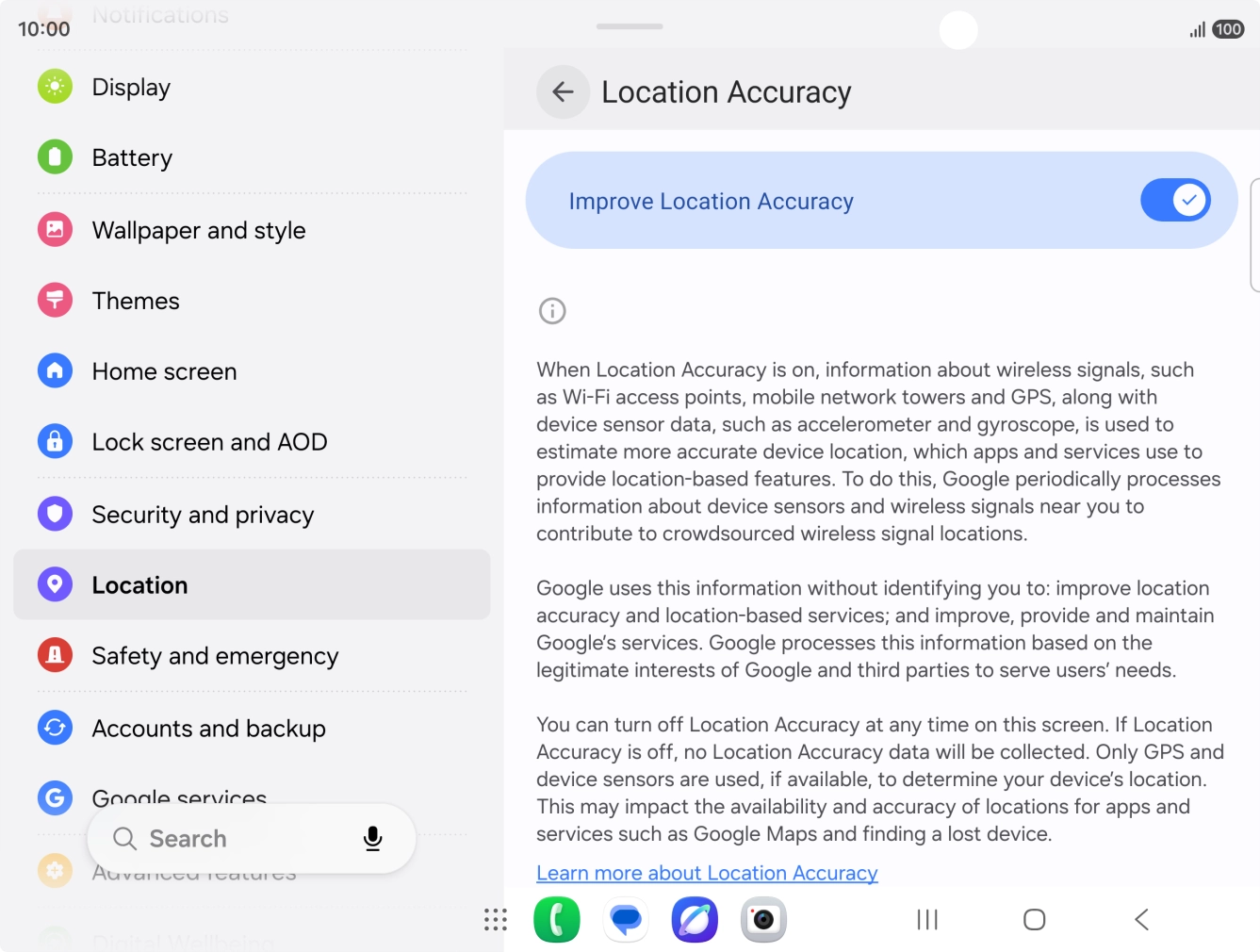 If you press the indicator next to 'Improve Location Accuracy' to turn off the function, your phone can find your exact position using the GPS satellites but it may take longer as there is no access to supplementary information from the mobile network or nearby WiFi networks.