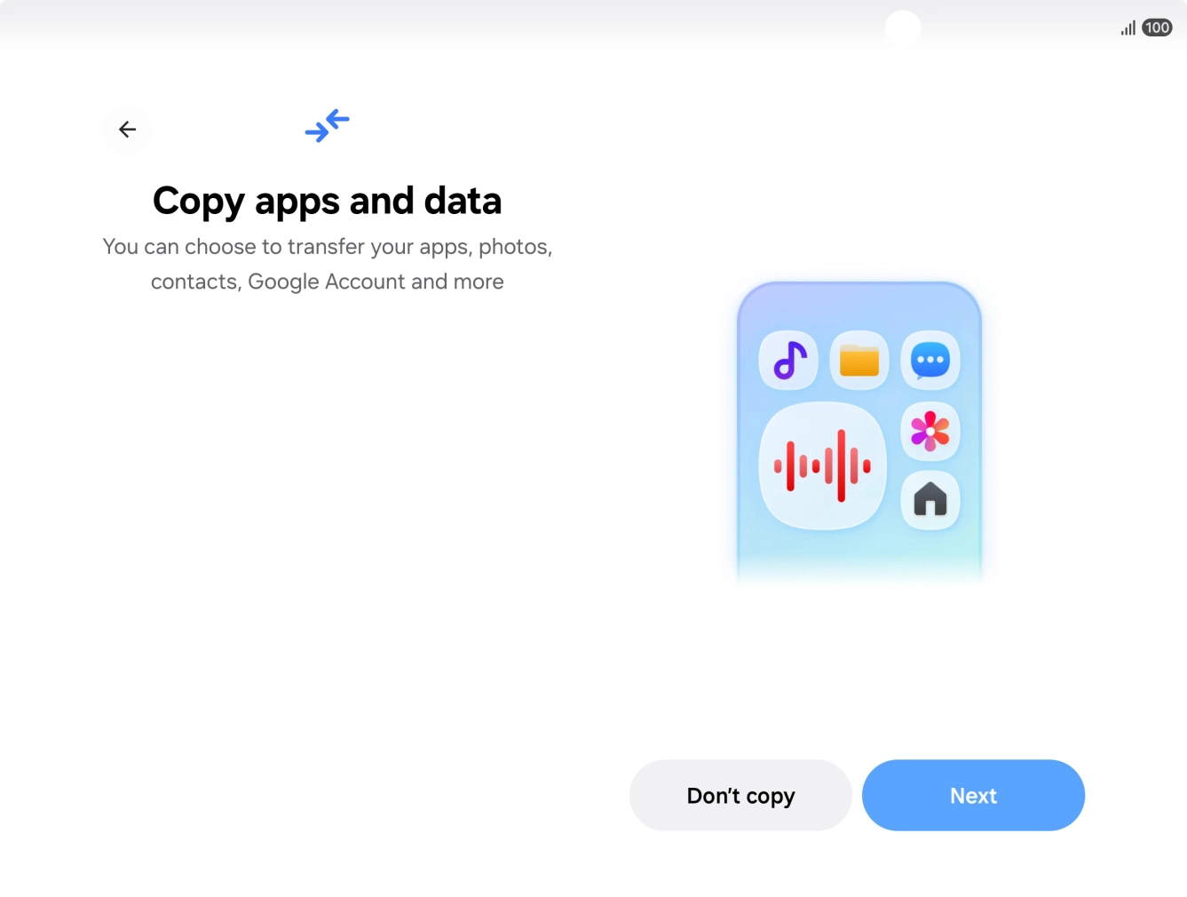 You can transfer the contents of another phone to your phone when it's activated for the first time and after a factory reset. When this screen is displayed, your phone is ready to transfer content from another phone.