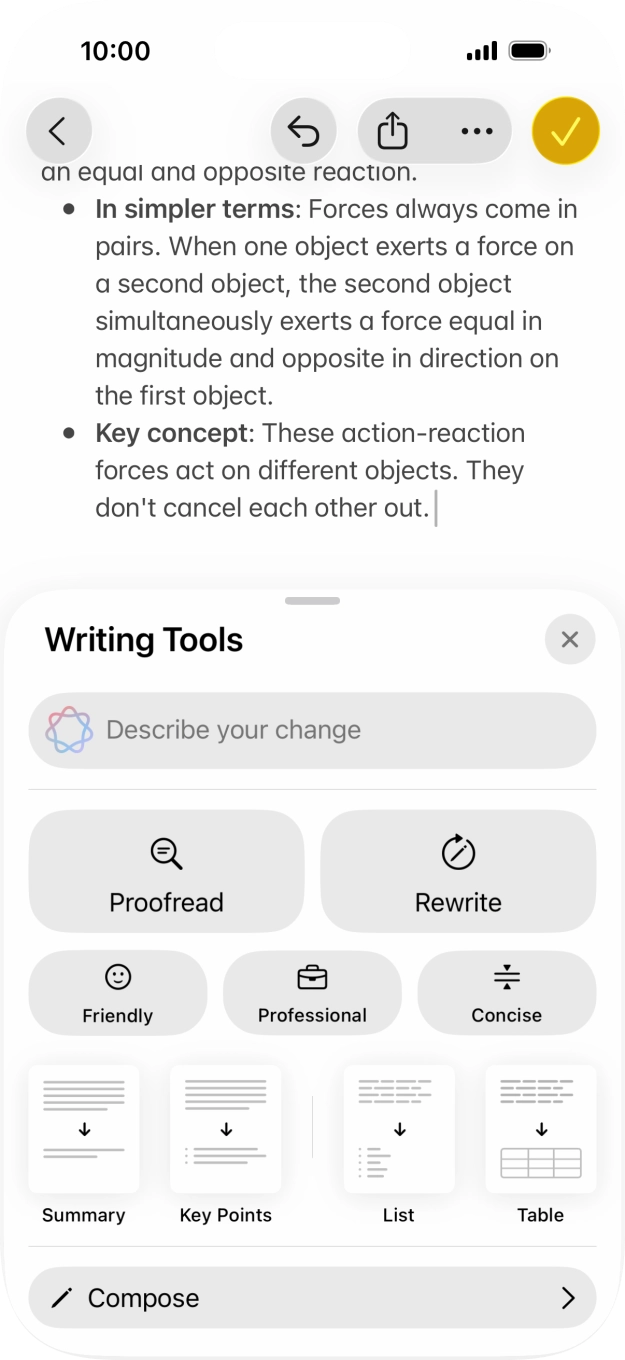 Press Describe your change and write in your own words how you would like the text to be rewritten. Follow the instructions on the screen to use the function.