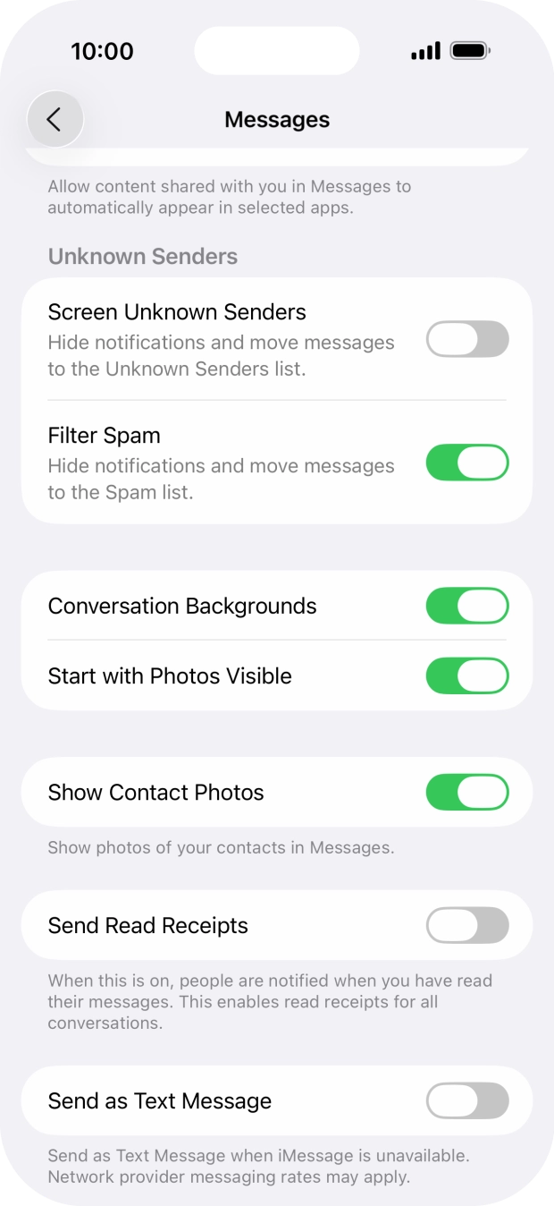 Press the indicator next to 'Send as Text Message' to turn the function on or off.
