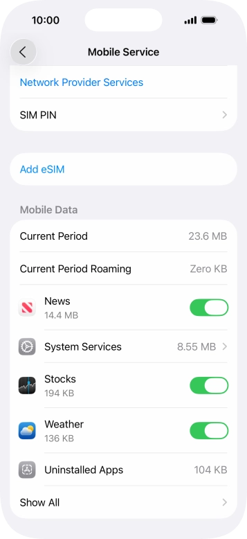 Press the indicators next to the required applications to turn the function on or off.