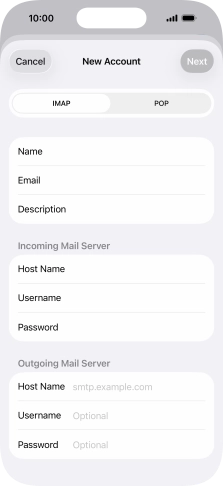 Press Host Name and key in the name of your email provider's outgoing server. Press Host Name and key in the name of your email provider's outgoing server.