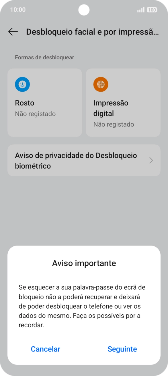 Prima Seguinte e siga as indicações no ecrã para estabelecer um código de bloqueio adicional.