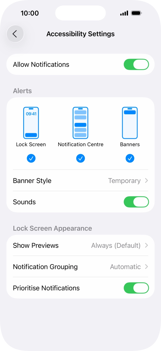 Press the indicator next to 'Allow Notifications' to turn notifications for the selected application on or off. Press the indicator next to 'Allow Notifications' to turn notifications for the selected application on or off.