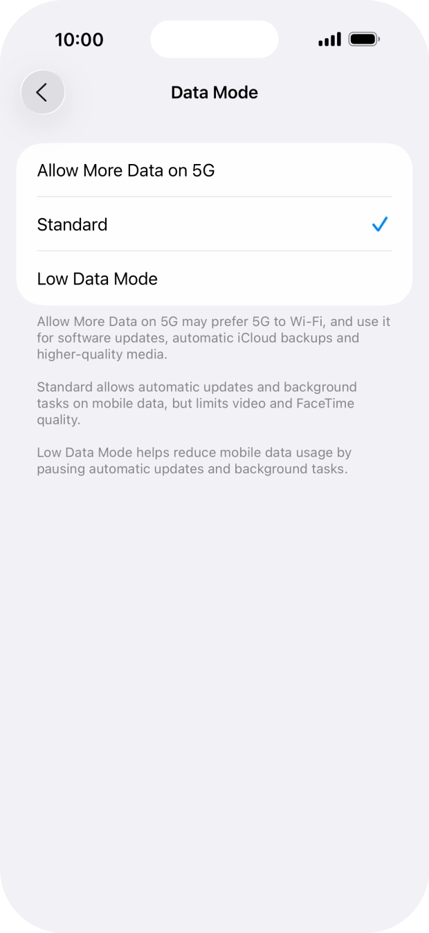 Press the required setting.