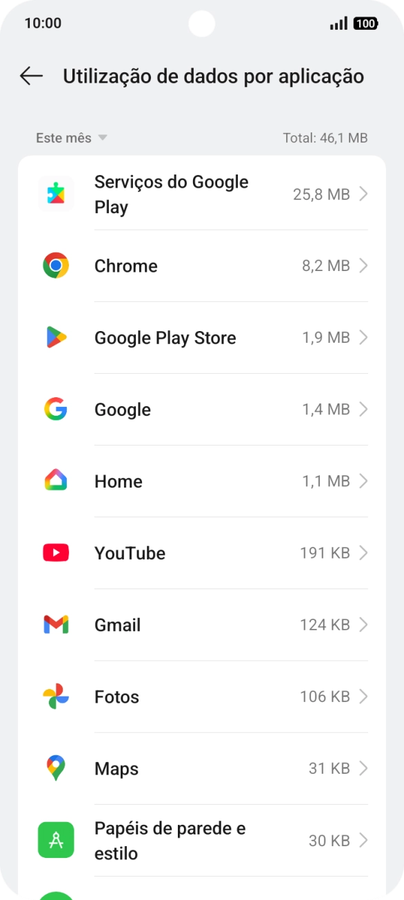 O consumo de dados de cada aplicação é mostrado sob o nome da aplicação.