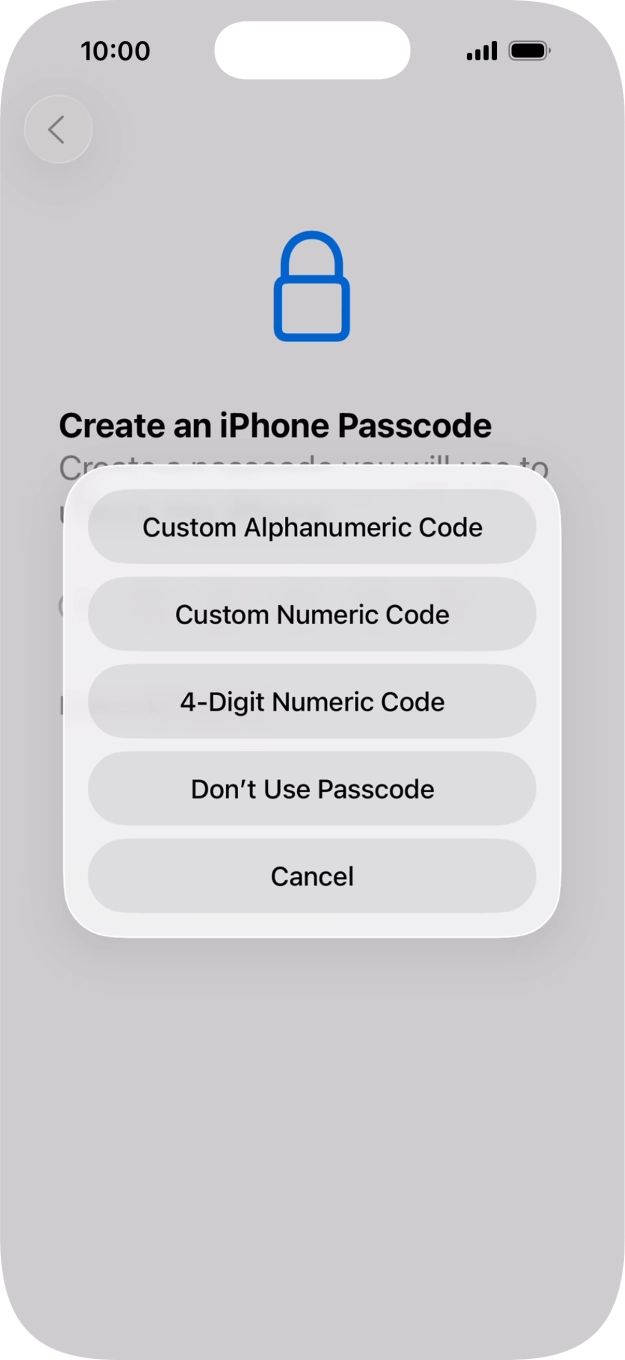 Follow the instructions on the screen to turn on the lock code or press Don't Use Passcode.