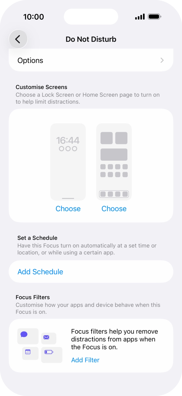 Press Add Schedule and follow the instructions on the screen to select settings for automatic activation of Do Not Disturb.