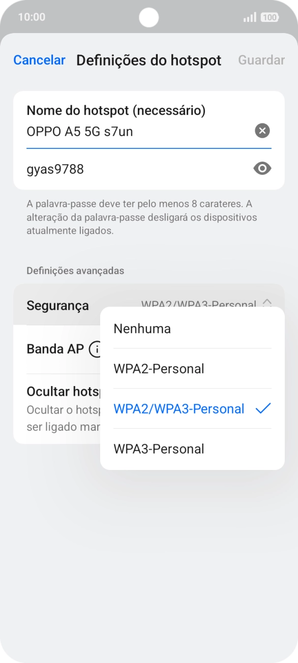 Prima WPA3-Personal para proteger o hotspot Wi-Fi com uma password.