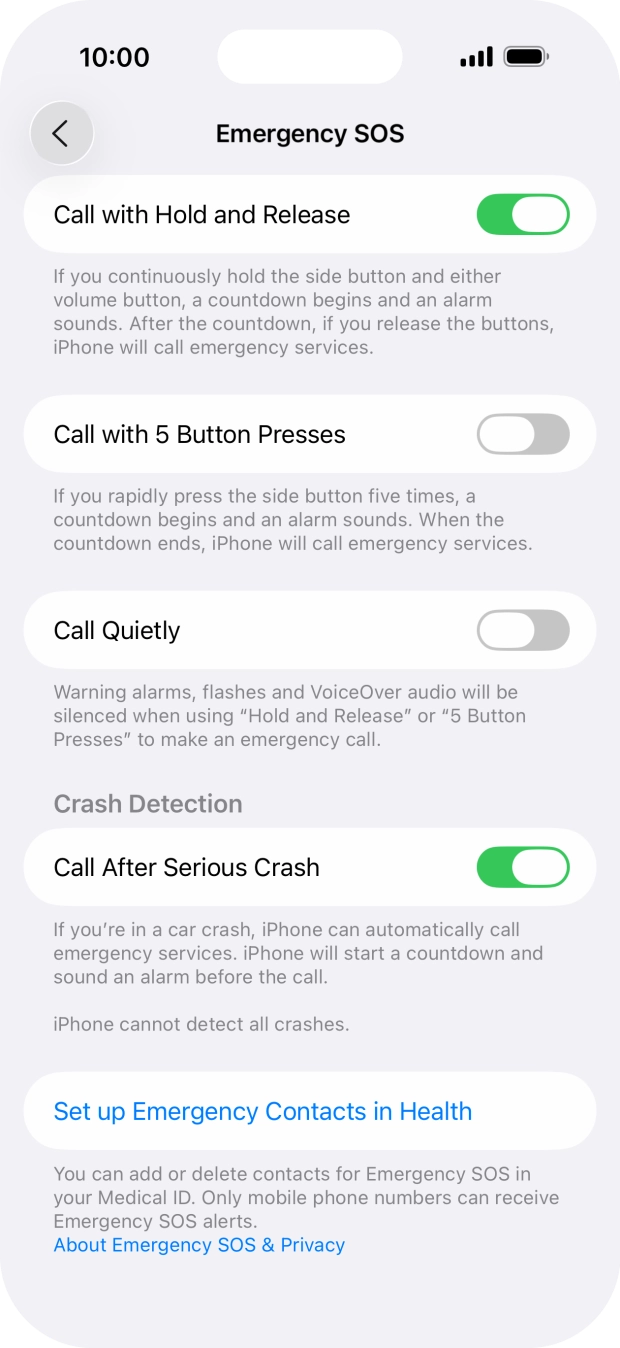 Press Set up Emergency Contacts in Health and follow the instructions on the screen to key in your emergency info and emergency contacts.