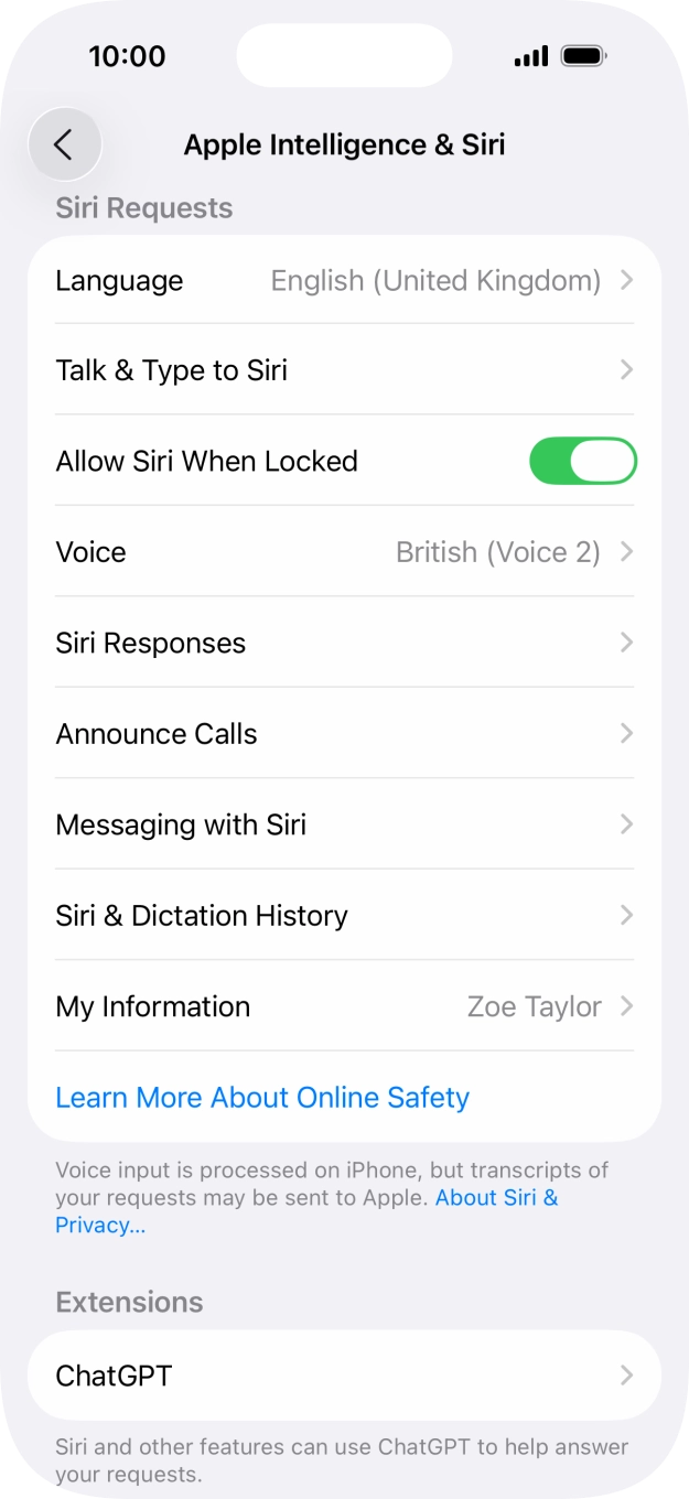 Press the indicator next to 'Allow Siri When Locked' to turn the function on or off. Press the indicator next to 'Allow Siri When Locked' to turn the function on or off.