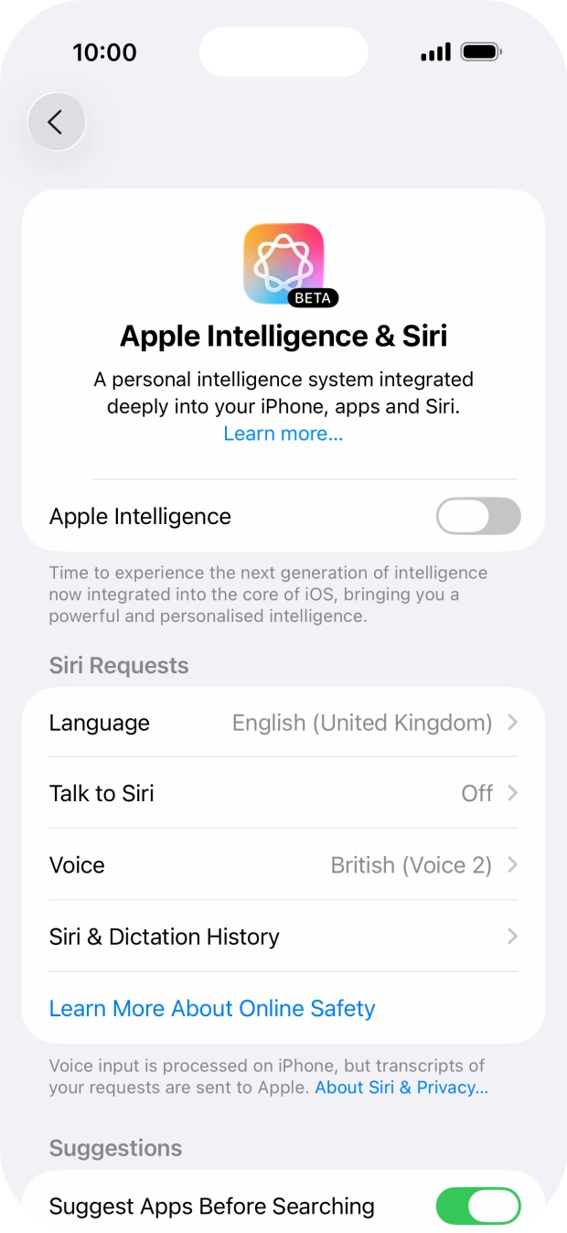 Press the indicator next to 'Apple Intelligence' and follow the instructions on the screen to finish the activation. Press the indicator next to 'Apple Intelligence' and follow the instructions on the screen to finish the activation.