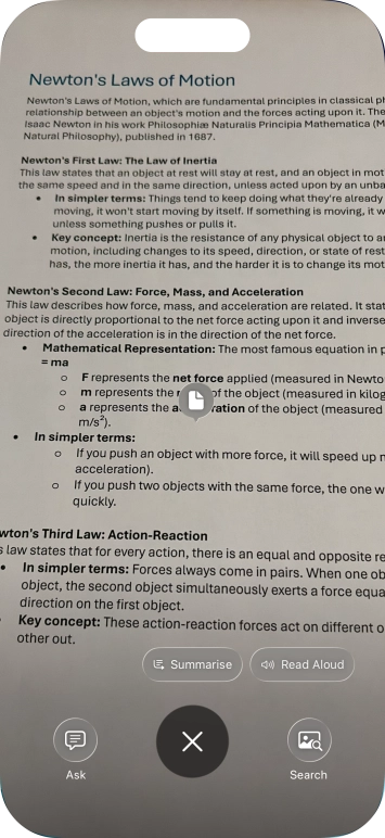 To use visual intelligence on a text, take a picture of the text, press the required setting and follow the instructions on the screen to use the function.