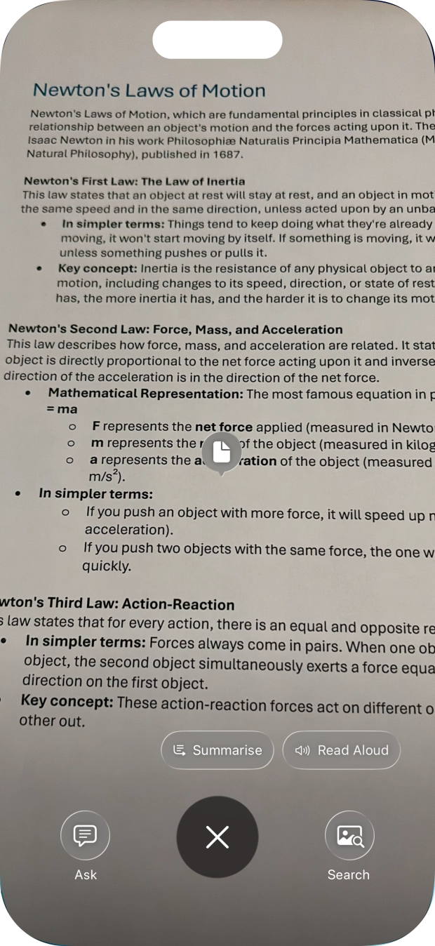 To use visual intelligence on a text, take a picture of the text, press the required setting and follow the instructions on the screen to use the function. To use visual intelligence on a text, take a picture of the text, press the required setting and follow the instructions on the screen to use the function.