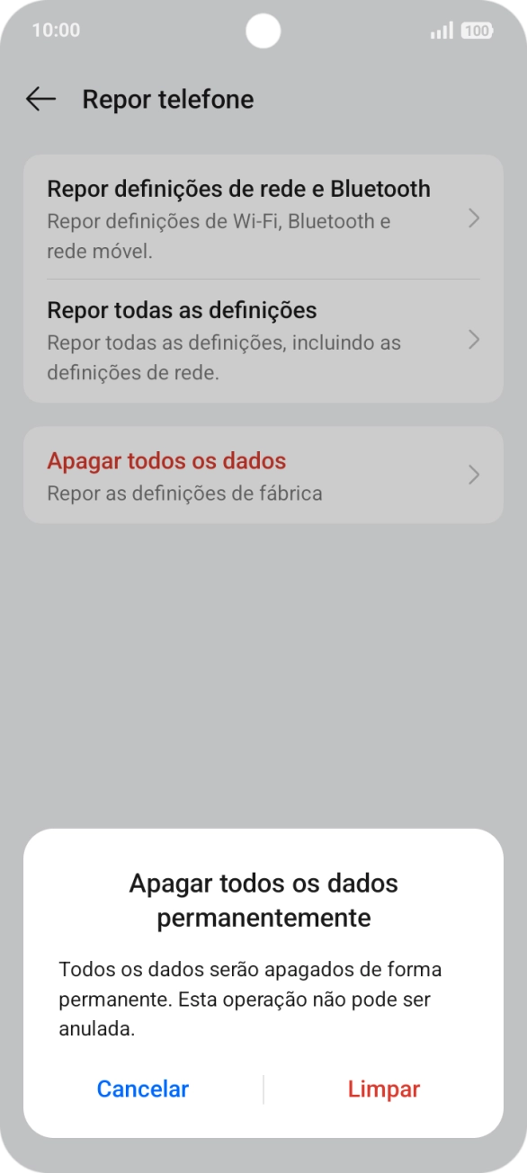 Prima Limpar. Aguarde um momento enquanto o telefone restabelece as definições originais. Siga as indicações no ecrã para configurar o telefone de modo que este fique pronto a ser utilizado.