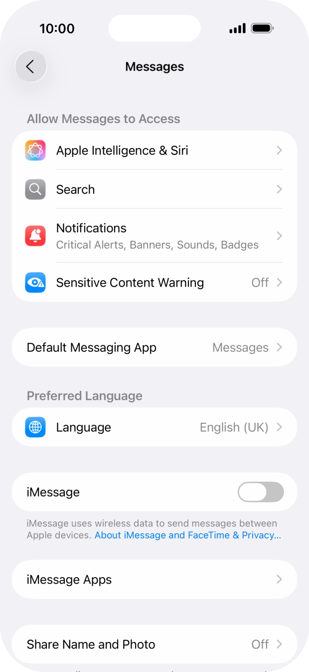 Press the indicator next to 'iMessage' to turn on the function.