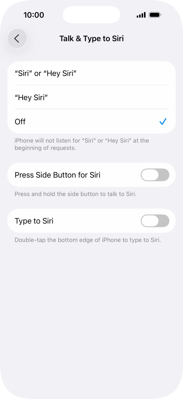 Press the indicator next to 'Press Side Button for Siri' to turn on the function. Press the indicator next to 'Press Side Button for Siri' to turn on the function.