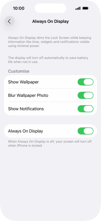 Press the indicator next to 'Always On Display' to turn the function on or off. Press the indicator next to 'Always On Display' to turn the function on or off.