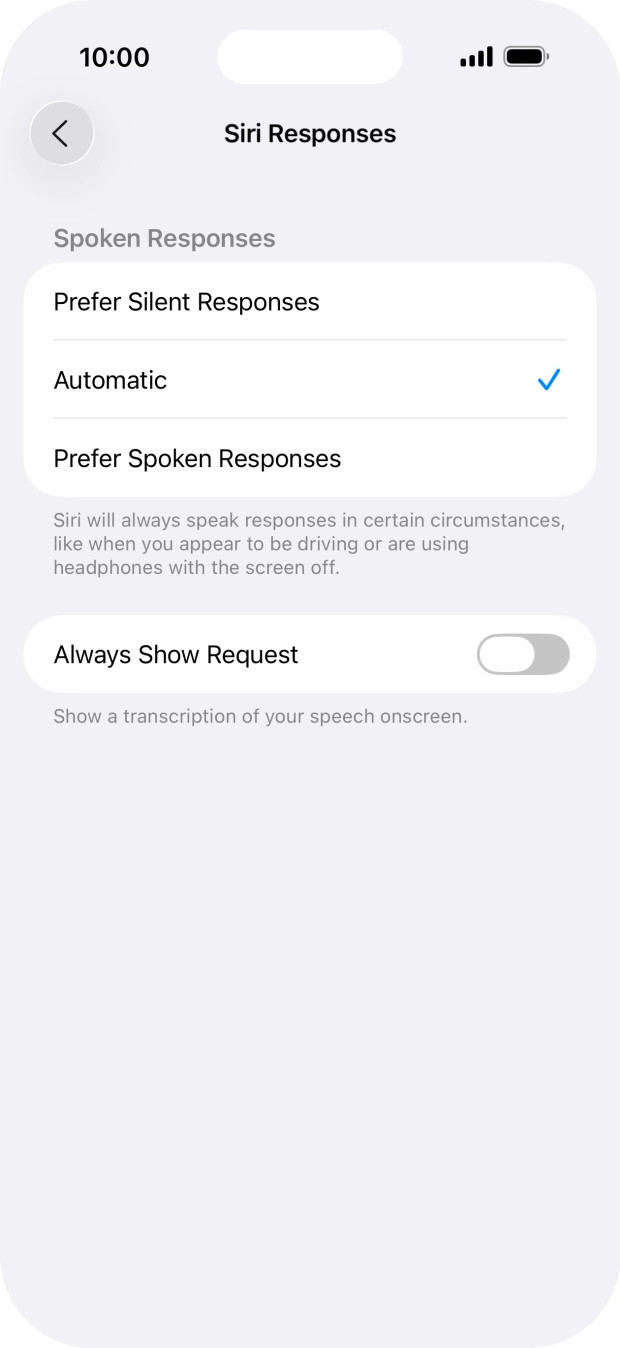 Press the required setting.