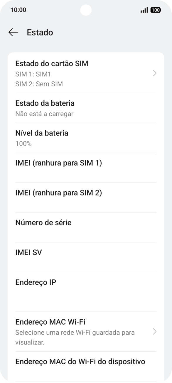 O código IMEI é mostrado no ecrã.