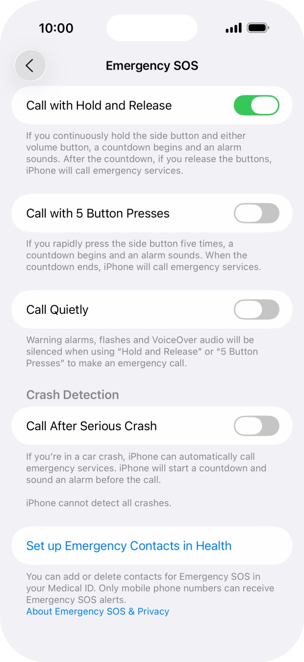 Press the indicator next to 'Call After Serious Crash' to turn on the function.
