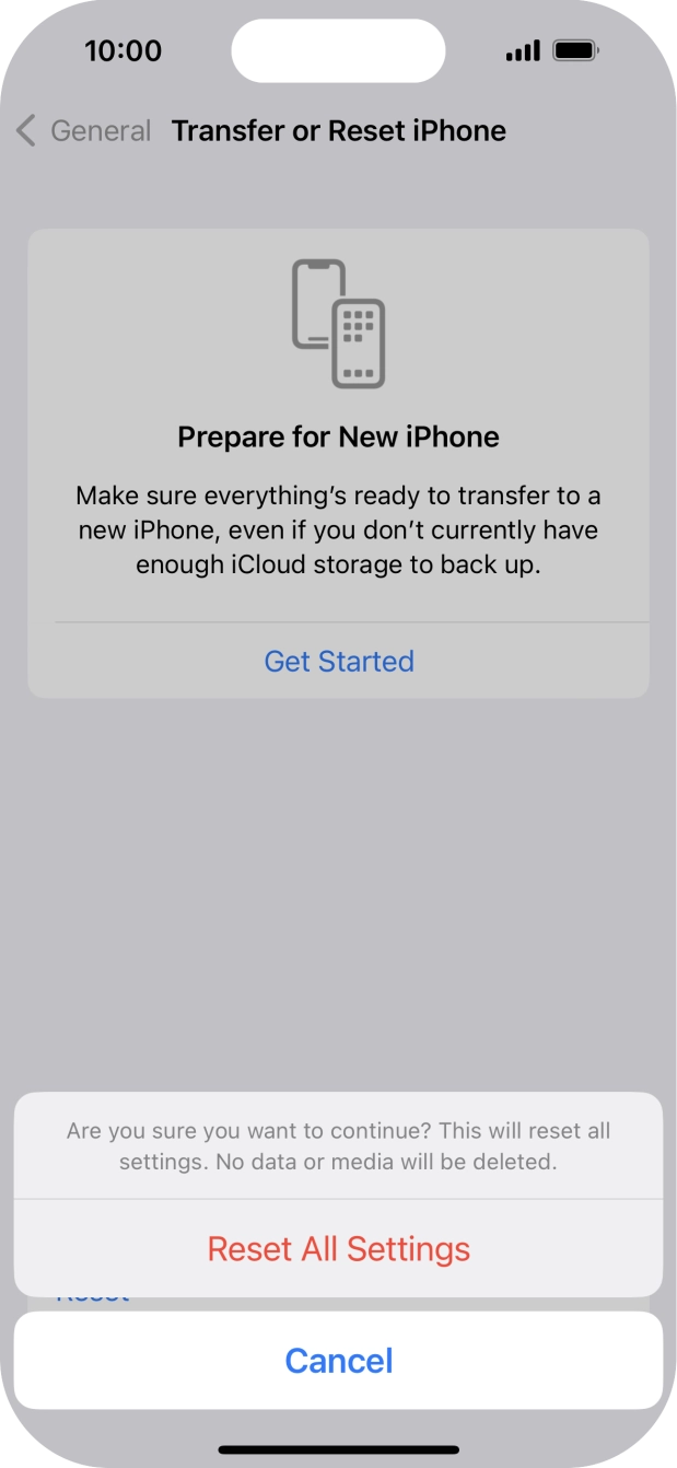Press Reset All Settings. Wait a moment while the factory default settings are restored. Follow the instructions on the screen to set up your phone and prepare it for use.