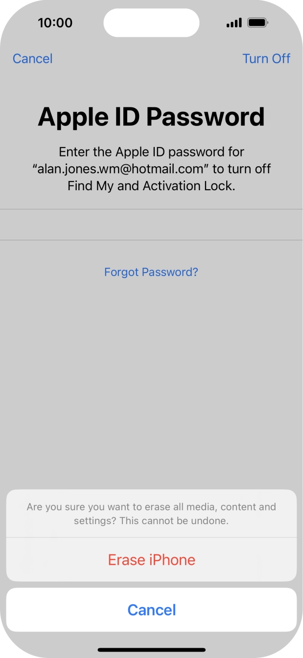 Key in the password for your Apple ID and press Erase iPhone. Wait a moment while the factory default settings are restored. Follow the instructions on the screen to set up your phone and prepare it for use.