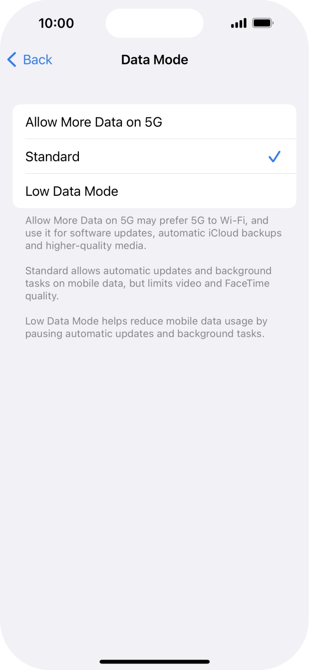 Press the required setting. Press the required setting.