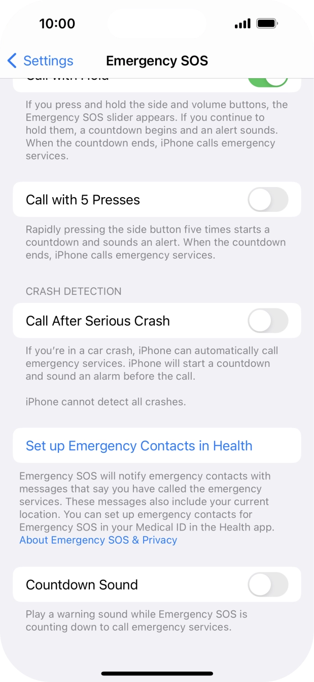 Press Set up Emergency Contacts in Health and follow the instructions on the screen to key in your emergency info and emergency contacts.