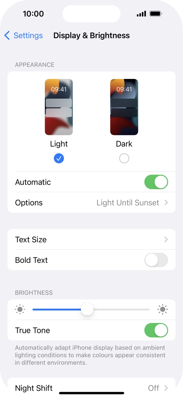 If you turn on the function, press Options and follow the instructions on the screen to select the required period of time for Dark Mode.