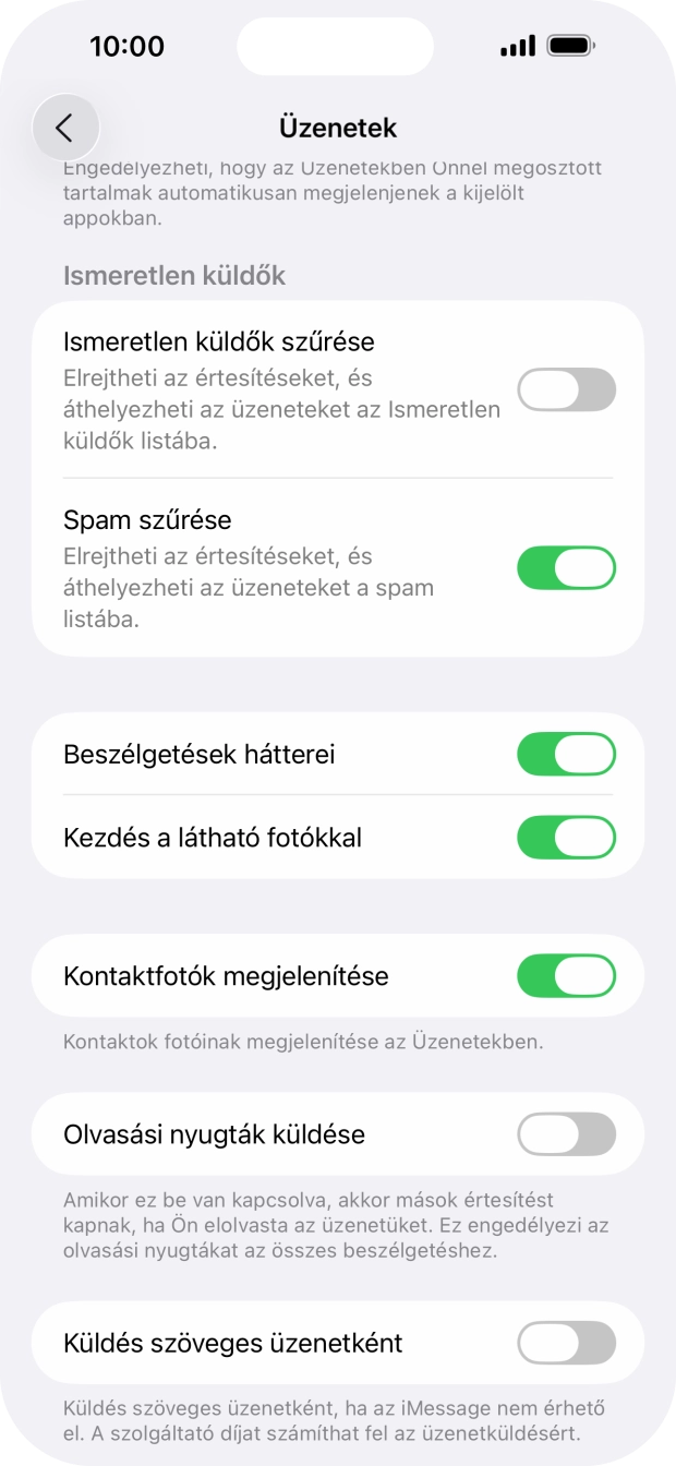 Kattints a „Küldés szöveges üzenetként” melletti csúszkára a funkció be- vagy kikapcsolásához. Kattints a „Küldés szöveges üzenetként” melletti csúszkára a funkció be- vagy kikapcsolásához.