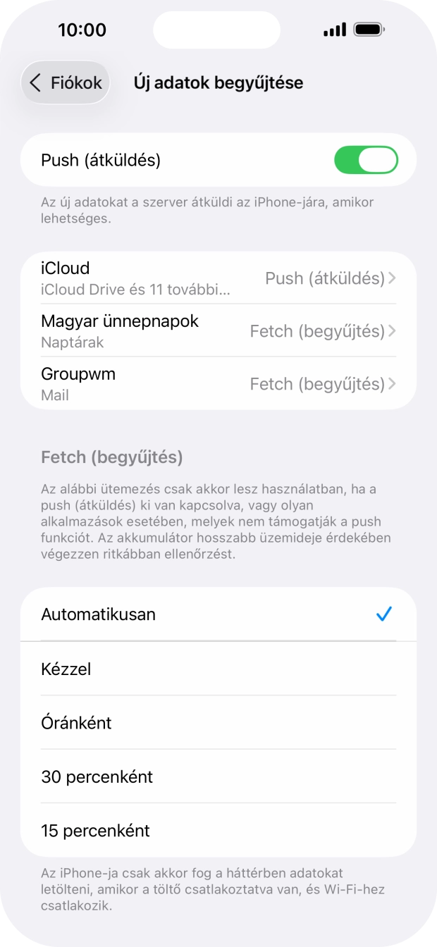 Kattints a „Push (átküldés)” melletti csúszkára a funkció be- vagy kikapcsolásához.