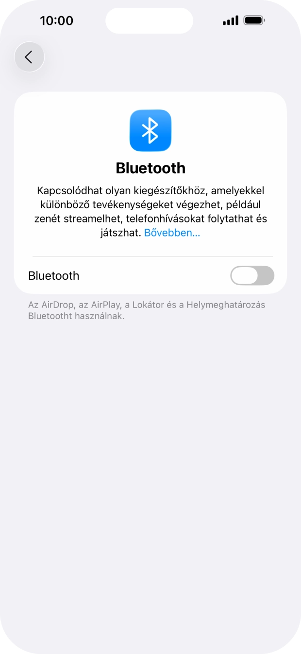 Kattints a „Bluetooth” melletti csúszkára a funkció bekapcsolásához. Kattints a „Bluetooth” melletti csúszkára a funkció bekapcsolásához.