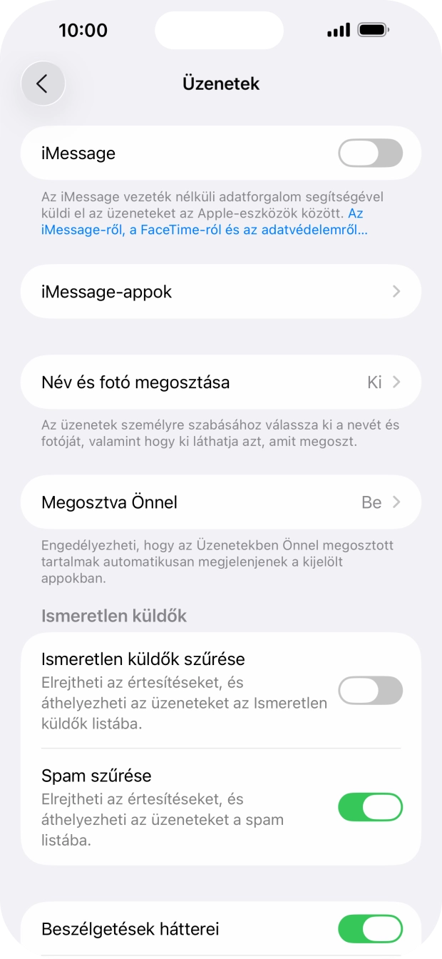 Kattints az „iMessage” melletti csúszkára a funkció bekapcsolásához. Kattints az „iMessage” melletti csúszkára a funkció bekapcsolásához.